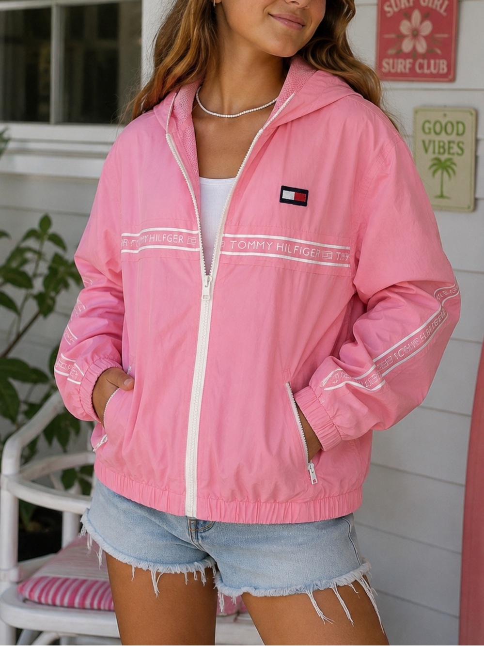 Tommy Hilfiger Girls Pink Logo Tape Windbreaker Jacket Hooded Y2K Preppy L 12-14